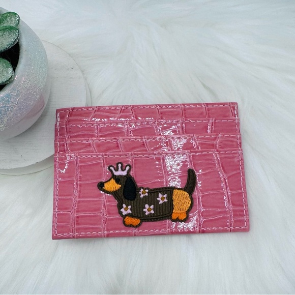 Faux Crocodile Black Embossed Glossy Small Dog Card Holder Wallet in Pink - Picture 4 of 4